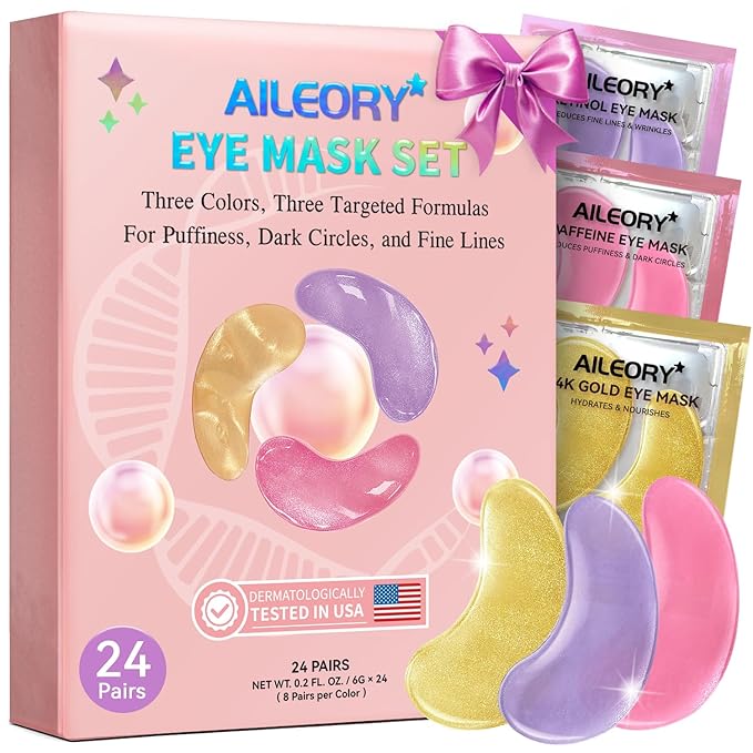 Under Eye Patches for Dark Circles, Puffiness, Fine Lines, Eye Mask Set with Retinol, 24K Gold, Caffeine, Gel Mask for Birthday & Spa Party Favors, Skincare Gift for Women & Men, 24 Pairs