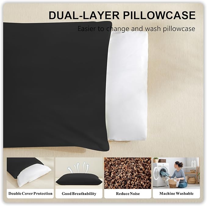 Organic Buckwheat Pillow for Sleeping with Dual-Layer Pillowcase and Extra Tartary Buckwheat Hulls, Adjust Height and Firmness, Neck Support Pillow for Back and Side Sleepers 14"x20", Black