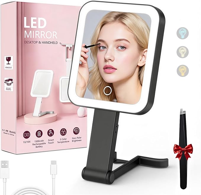 Travel Mirror with Lights, Rechargeable Magnifying Mirror 10X/1X Double-Sided, 3 Color Lighting, Smart Touch Dimming, Precision Tweezers, Lighted Makeup Mirror for Desk, Trip, Office (10.3"x5.2")