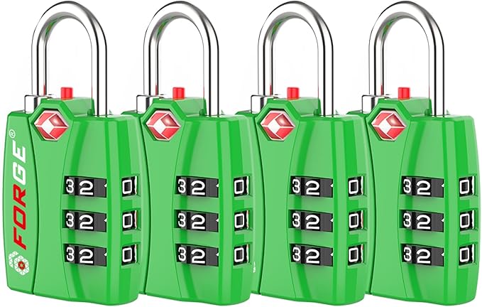 Forge Open Alert TSA Approved Luggage Locks - 3 Digit Combination, Easy Read Dials, Zinc Alloy Body - Ideal Travel Lock for Luggage, Suitcases, Bags & Toolboxes (Green 4PK)