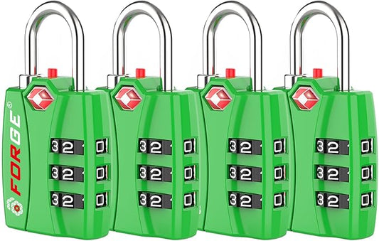 Forge Open Alert TSA Approved Luggage Locks - 3 Digit Combination, Easy Read Dials, Zinc Alloy Body - Ideal Travel Lock for Luggage, Suitcases, Bags & Toolboxes (Green 4PK)