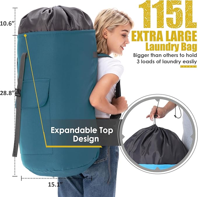 Backpack Laundry Bag, 115L Heavy Duty Extra Large College Laundry Backpack, Dirty Clothes Bag with Shoulder Straps, Laundry Hamper Bag with Drawstring Closure for College Dorm, Apartment Teal