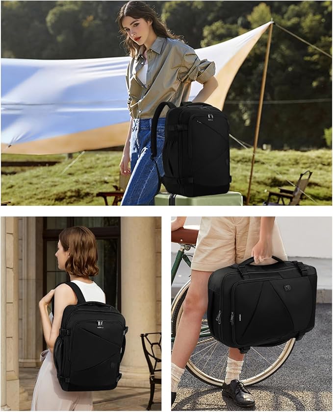 ECOHUB 17" Small Unisex Travel Backpack United Airline Approved 17x10x9 Friendly Suitcase Anti-Theft Lockable Zippers Style Personal Item Bag Travel Essentials with 12 Pockets Water Resistant, Black