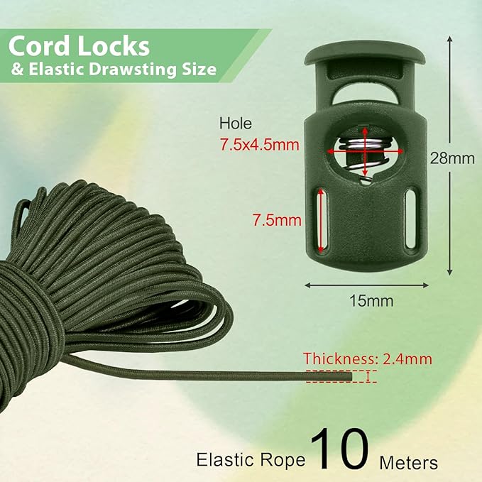 10 Meter 3mm Elastic Bungee Shock Cord Stretch String, 25pcs Plastic Cord Locks Spring Toggle Stopper for Drawstring Backpack Shoelaces(Militarygreen)
