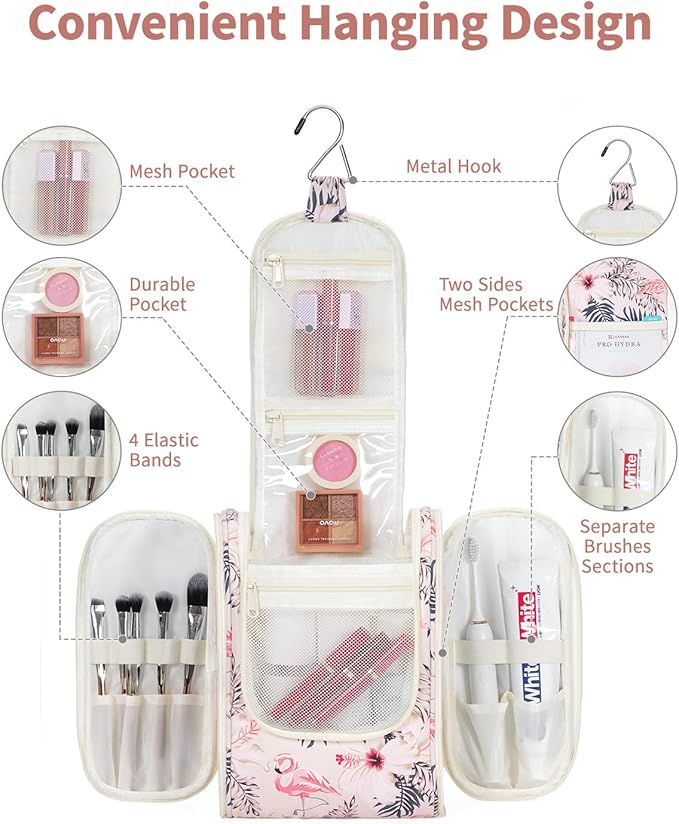 Narwey Small Hanging Toiletry Bag Women Travel Makeup Bag Organizer Toiletries Bag for Travel Size Essentials Accessories Cosmetics(Medium, Beige Bird)