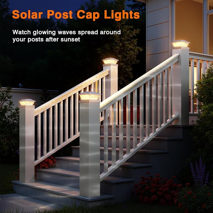 8 Pack Solar Post Cap Lights, 2 Modes Bright Solar Post Lights Outdoor Waterproof Fence Post Cap Lights, Outdoor Post Lights Solar Powered Deck Light for 4x4 4.5x4.5 5x5 Posts for Garden Decor