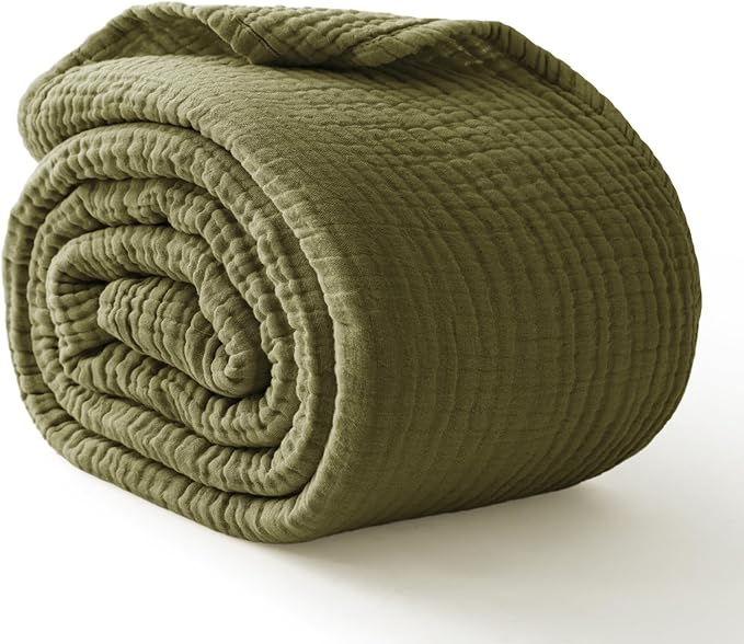 100% Cotton Muslin Blanket Twin 60" x 80", Breathable and Lightweight Cotton Twin Blankets for Couch, Soft Cooling Summer Gauze Blanket for Adults All Season, Olive Green