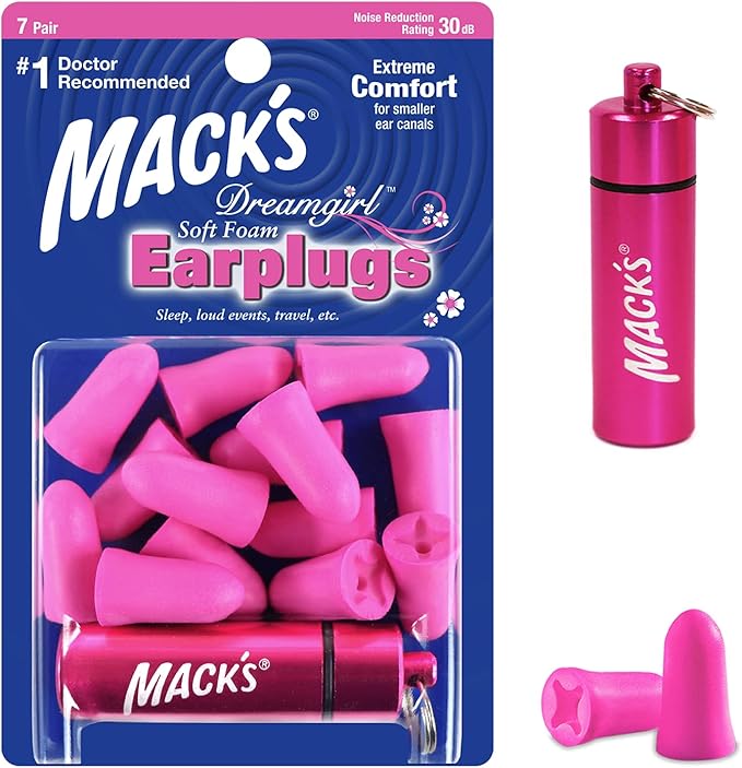 Mack’s Dreamgirl Soft Foam Earplugs, 7 Pair with Travel Case - Small Ear Plugs for Sleeping, Snoring, Studying, Loud Events, Traveling and Concerts