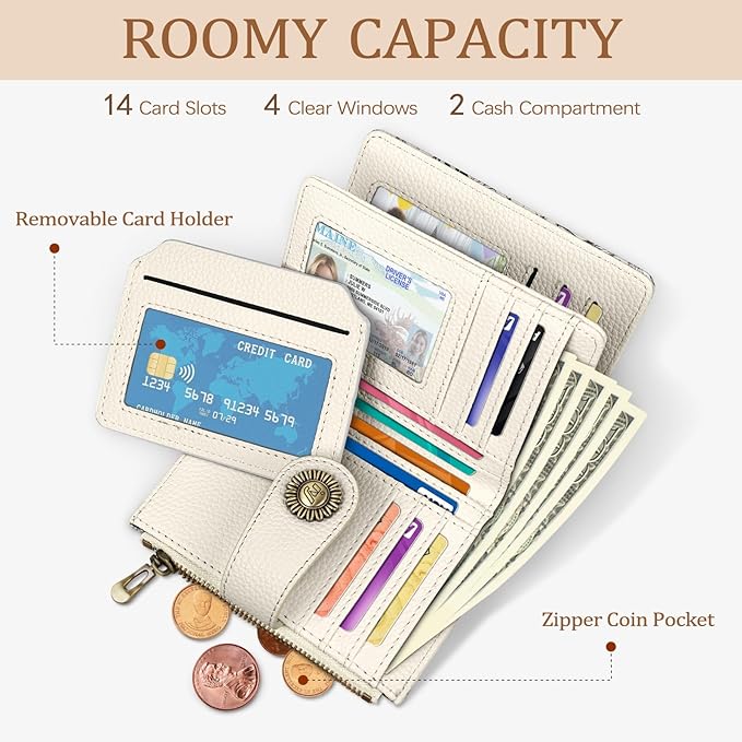 Icycay Flowers Floral Small Wallet Women RFID Blocking Bifold, Credit Card Holder, Zipper Coin Pocket, PU Leather, Compact, Travel, 4 ID Window, 14 Card Slots, Cash Purse, Ladies Woman Female Girls