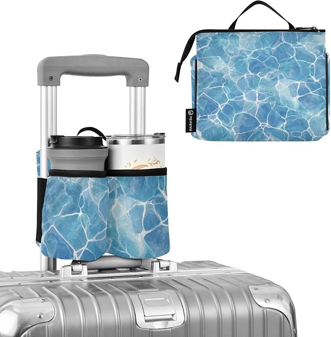Luggage Cup Holder for Suitcases Free Hands Travel Cup Holder Portable Suitcase Cup Drink Holder Luggage Cup Caddy Bag Carrier Summer Blue Pool Ripples