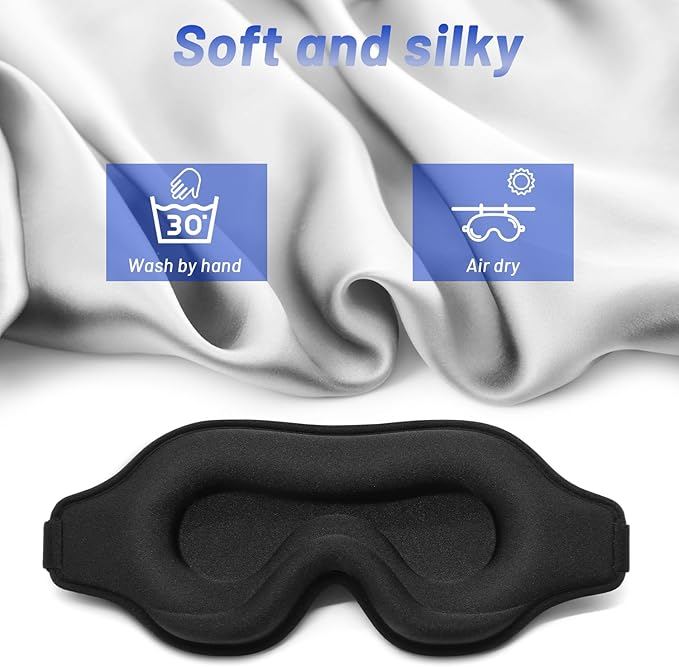 Sleep Eye Mask for Men Women, Sleeping Mask for Side Sleeper, Travel Blackout Night Blindfold Eye Shade Cover with Adjustable Strap (Black-3D)