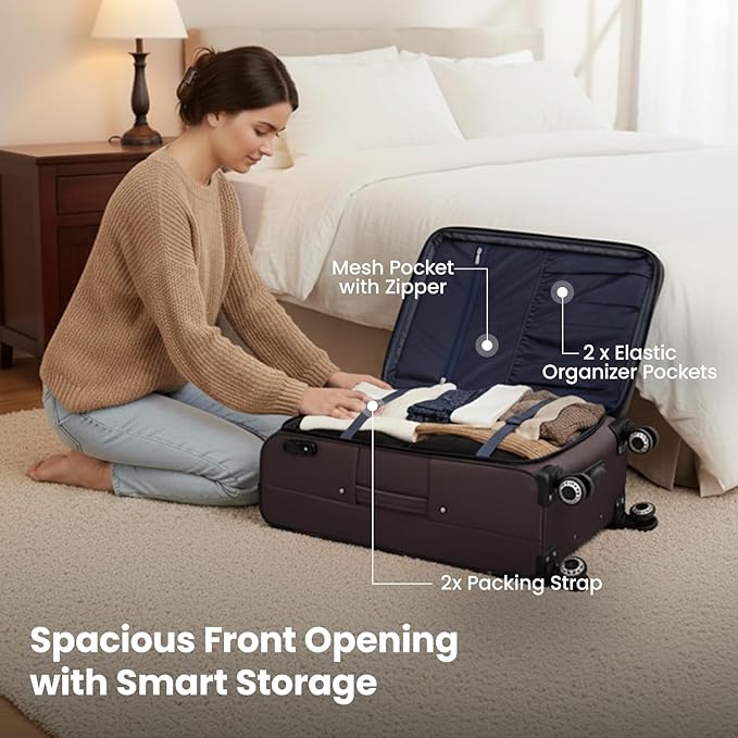 Softside Luggage Sets 3 Piece,Expandable Lightweight Durable Suitcase Sets Double Spinner Wheels w/Combination LOCK （20''/26''/30''）#Coffee