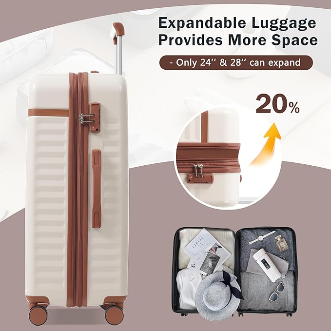 Merax Luggage Sets 3 Piece,Front Open Hardshell Expandable Suitcase with Spinner Wheels and Duffel Bags,Lightweight Carry on Luggage with USB Port,20/24IN,White and Brown