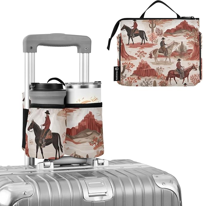 Vintage Cowboys on Horses Cactus Desert Luggage Cup Holder Travel Portable Free Hand Drink Carrier Suitcase Drinks Beverage Holder Carry-On Bottle Mug Holder Organizer Bag Travelers Accessorie