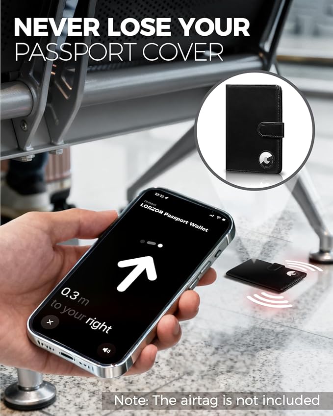 LORZOR Passport Holder for Travel: Full Grain Leather Passport Cover with Airtag Holder Magnetic Buckle for Men - RFID Blocking Bifold Wallet for Air Ticket Card Cash Coin (Black)