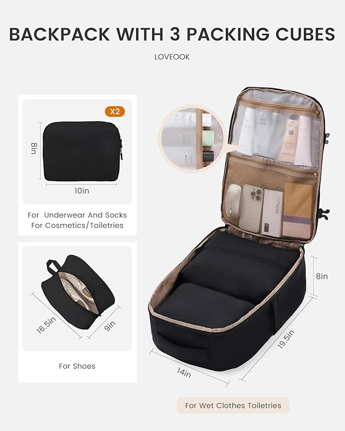LOVEVOOK Travel Backpack,50L Carry On Backpack Large Fits 18" Laptop,TSA Personal Item Travel Bag with 3 Packing Cubes,Water Resistant Laptop Bag Travel Essentials for Weekender Business Hiking