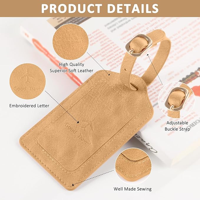 1Pack Luggage Tag, PU Leather Suitcase Tags Identifiers Privacy Cover ID Label for Travel Bag Suitcase with 2 Pack Luggage Straps for Hats, Bags and Travel Accessories(L-Light Golden)