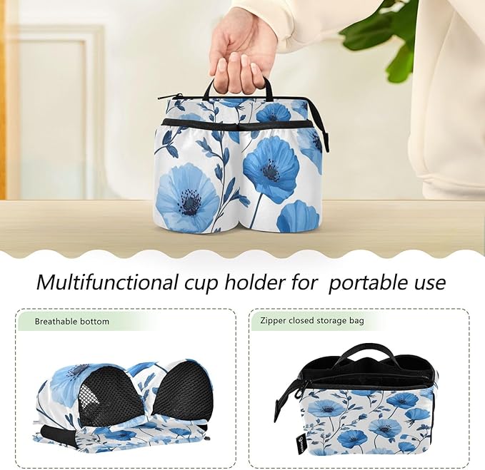Blue Poppy Flowers and Branches Luggage Cup Holder Travel Portable Free Hand Drink Carrier Suitcase Drinks Beverage Holder Carry-On Bottle Mug Holder Organizer Bag Travelers Accessories