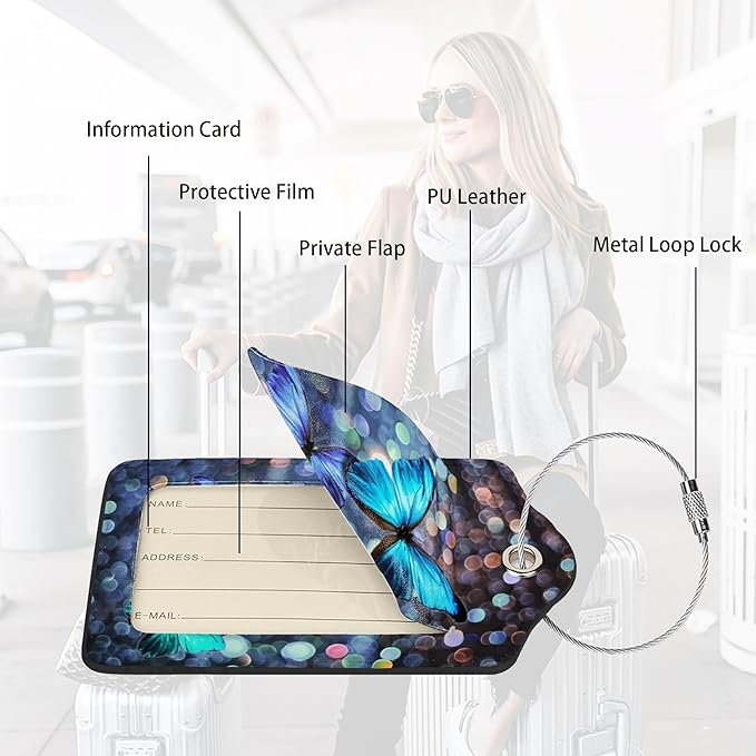 Colorful Butterfly Luggage Tag Set of 2 Leather Luggage Tag with Name Card PU Baggage Tags for Women Men Travel,Fun Laggage Tags (Butterfly)