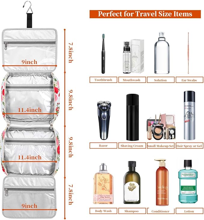Bosidu Hanging Travel Toiletry Bag,Large Capacity Cosmetic Travel Toiletry Organizer for Women with 4 Compartments & 1 Sturdy Hook,Perfect for Travel/Daily Use/Christmas