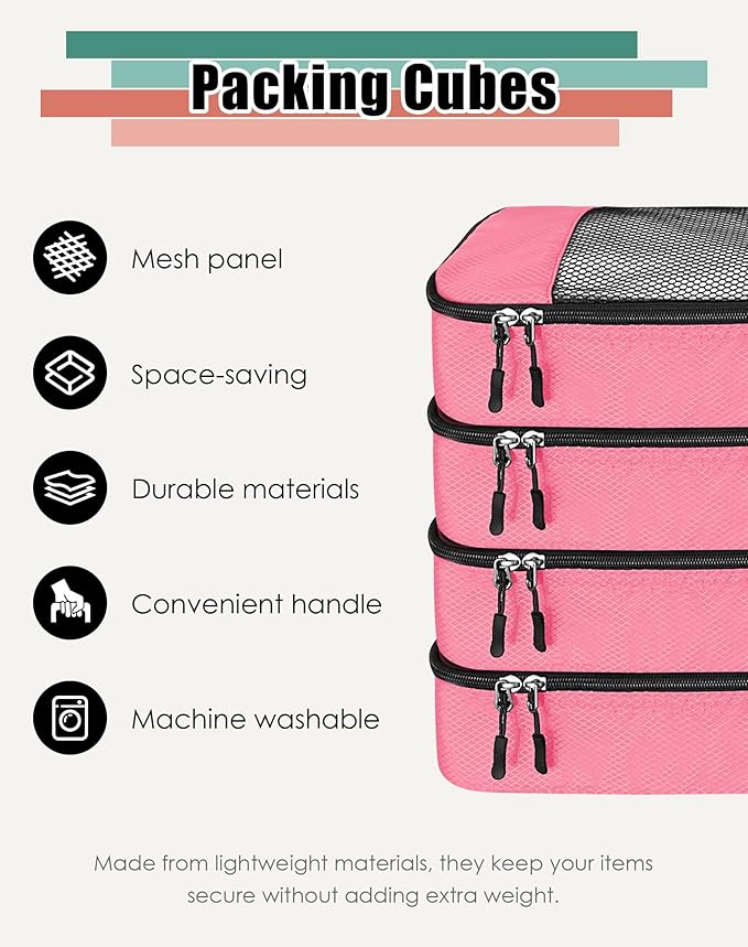 4-Piece Packing Cubes Travel Accessories Set for Suitcases - Luggage Organizer Bags with Double Zipper - Mesh Top - Medium - Pink
