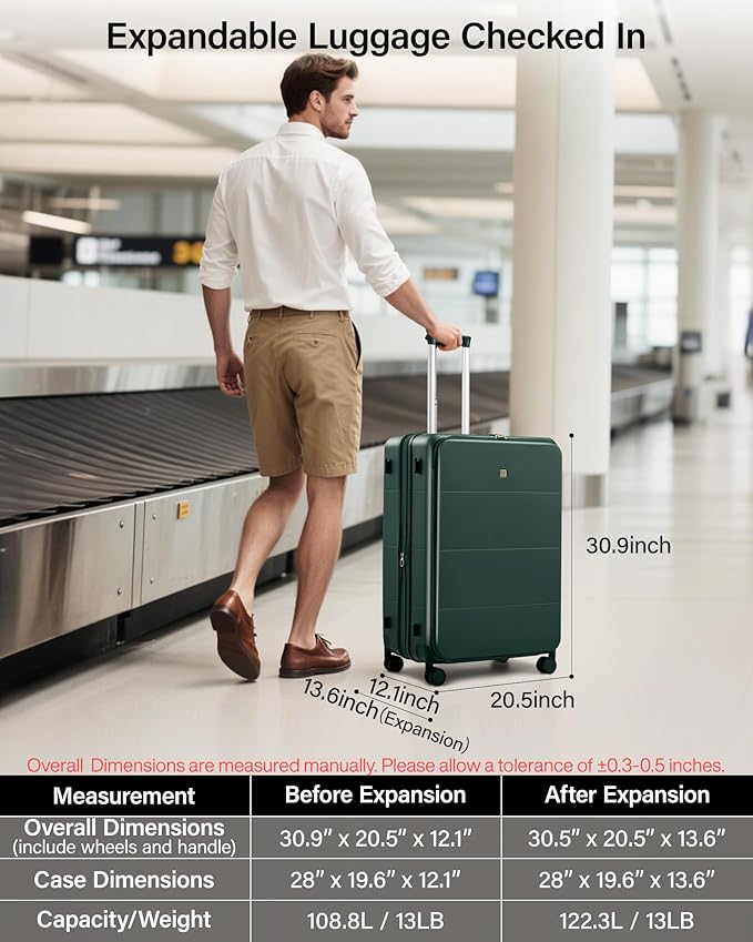 MILADA 28 Inch Large Checked Luggage, Expandable Hardshell Suitcase with 360° Spinner Wheels & TSA Lock, Durable Extra Large Rolling Trunk for Travel, International Vacation, Blackish Green