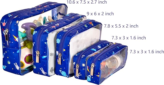 TSA Approved 5-Piece Diaper Bag Organizer Pouch Set Clear Waterproof TPU Kids Toiletry Storage Set Travel Packing Clutch Cube Bags for Baby Nursing(Astronaut)