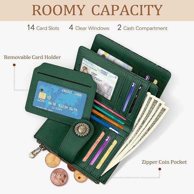 Icycay Squirrels Wallet Women Small RFID Blocking Bifold, Credit Card Holder, Zipper Coin Pocket, Cute, PU Leather, Compact, Travel, ID Window, 14 Card Slots, Cash Purse, Ladies Woman Female Girls