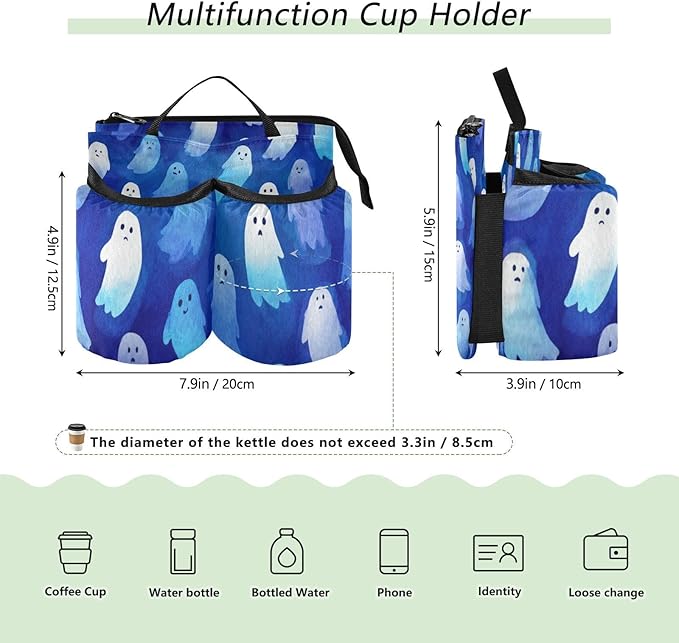Luggage Cup Holder for Suitcases Free Hands Travel Cup Holder Portable Suitcase Cup Drink Holder Luggage Cup Caddy Bag Carrier Watercolor Halloween Ghost Blue