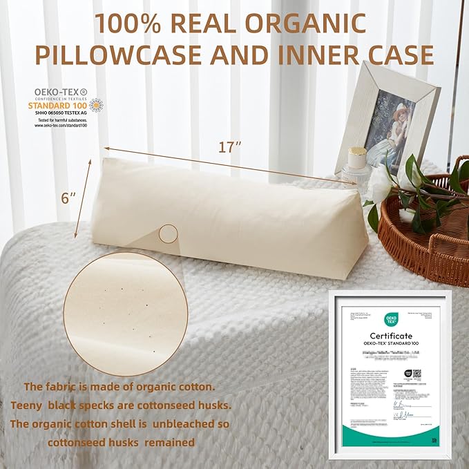 LOFE Buckwheat Pillow - Adjustable Buckwheat Neck Pillow(17x6) to Provide Firm Support, Neck Roll Pillow for Side and Back Sleepers, Bolster Pillow with Organic Pillowcase, Triangle Pillows