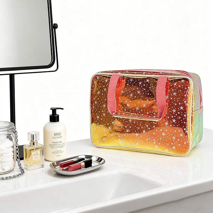 Holographic Brown Clear Star Large Cosmetic Bag and TPU Travel Pouch with Handle,Durable Material,Zipper Design-Ideal for Makeup,Travel Essentials 11.81x5.12x8.27inch (Brown)