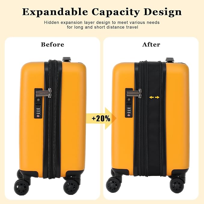 16 Inch Underseat Carry On Luggage Airline Approved, Expandable Lightweight ABS+PC Hard Shell Suitcases with 360° Spinner Wheels, TSA Lock, YKK Zipper, for Business Weekender (Orange, 1 PC)