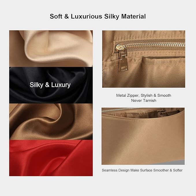 Purse Organizer Insert For Handbags, Silk Purse Organizer with Zipper, Silky Smooth, Bag Organizer For Speedy Neverfull Tote,onthego,Artsy, 6 Sizes (XL,Silky Brown)