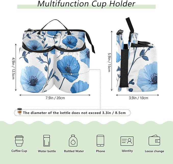 Blue Poppy Flowers and Branches Luggage Cup Holder Travel Portable Free Hand Drink Carrier Suitcase Drinks Beverage Holder Carry-On Bottle Mug Holder Organizer Bag Travelers Accessories