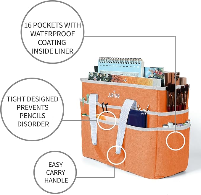 JJRING Craft Organizer Tote Bag, Large Art Storage Caddy with Multiple Pockets, Orange Sewing Bag for Art, Craft, Scrapbooking, School, Medical, and Office Supplies Storage
