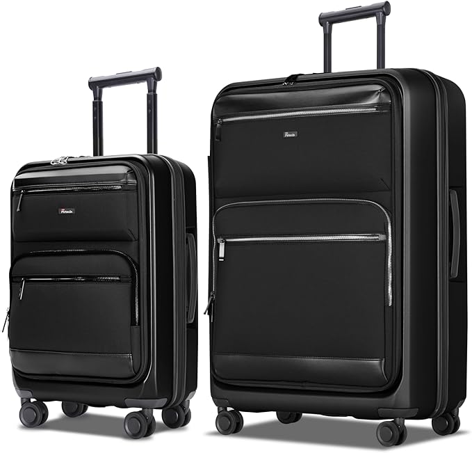 Luggage Sets 2 Piece, Carry On Luggage with Front Pocket & USB Port and 28 Inch Expandable Checked Luggage, Hybrid Soft Front & Hard Shell Suitcases with Spinner Wheels & TSA Lock, Black