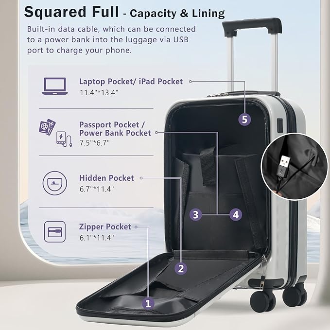 Merax Luggage Sets 2 Piece Front Opening, Hardside Lightweight Carry on Suitcase with USB Port,Durable Expandable Luggage with Bags Spinner Wheels and TSA Lock,White Grey