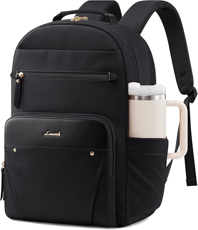 LOVEVOOK Laptop Backpack for Women with Leather Trim & Tumbler Pockets, 15.6" Work Backpack Purse, Travel Personal Item Bag, Carry On Business Computer Bag for Office, School, or Gift, Black