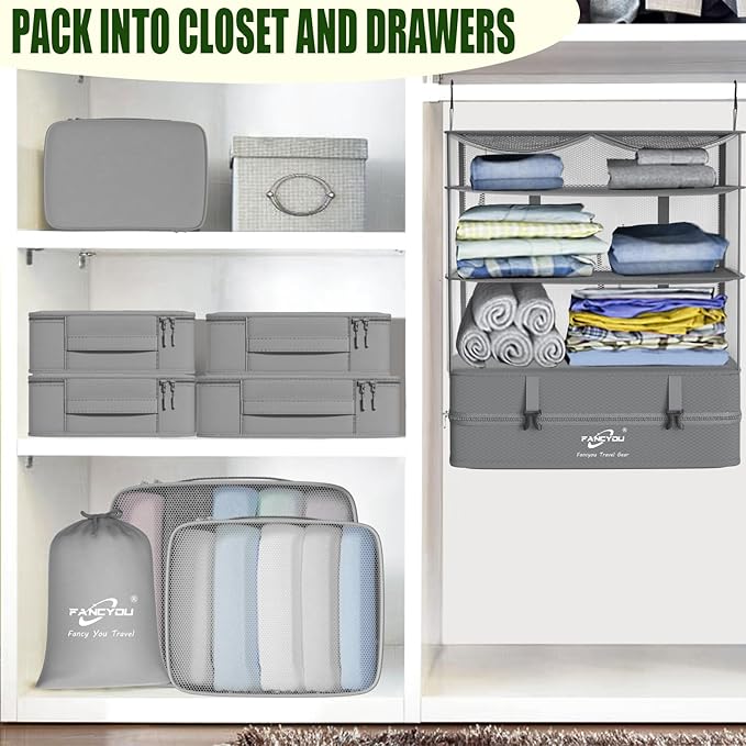 Compressible Packing Cubes Portable Hanging Closet Shelves 17"x12"x24" Extendable Travel Organizer Nylon Packing Bags for Suitcase