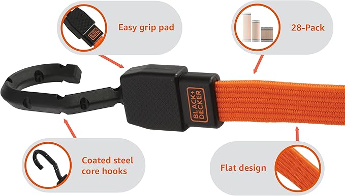 Black+Decker BDX1015 28-Piece Premium Heavy-Duty 24", 36", 48" Flat Strap Bungee Cord Bundle
