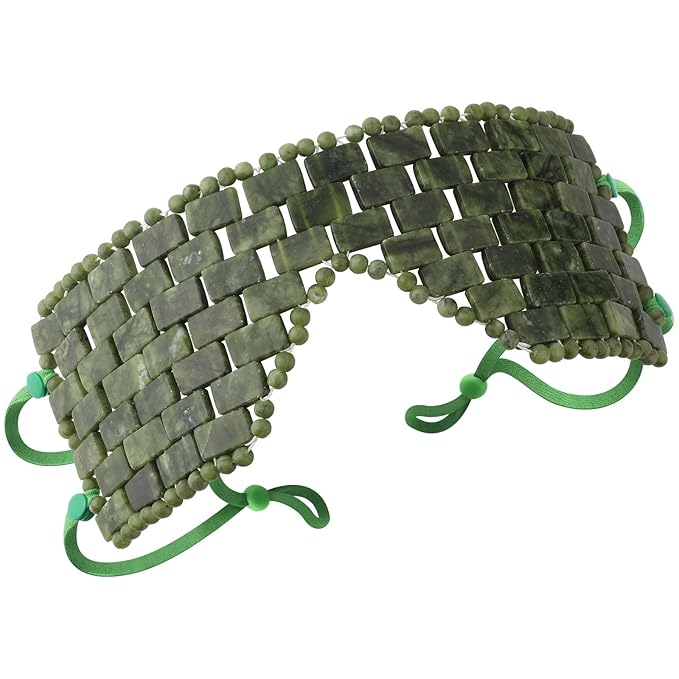 Jade Eye Mask,Large Facial Cooling Mask with Green Ear Strings 100% Real Jade for Hot & Cold Therapy,Green Jade Facial Eyes Sleeping Mask Relief Eye Cover