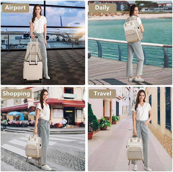 Backpack for Women Laptop Bag: Work Travel Backpacks Fits 17 inch Computer Waterproof College Bookbag with USB Charger Anti-theft Business Casual Backpack Purse for Nurse Teacher Beige Khaki