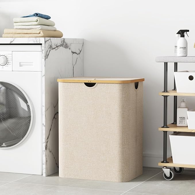 Lifewit 120L Laundry Basket with Lid, Clothes Hampers for Laundry with Bamboo Handles and 2 Removable Bag, Large Foldable Laundry Hamper for Bedroom, Bathroom, Dorm, Laundry Room, Beige