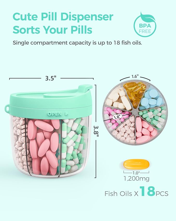 Cute Pill Dispenser with 7 Large Compartments, Portable Pill Bottle Organizer with Wide Opening for Easy Use, Anti-Mix Pill Organizer for Travel, BPA-Free Pill Container, Green
