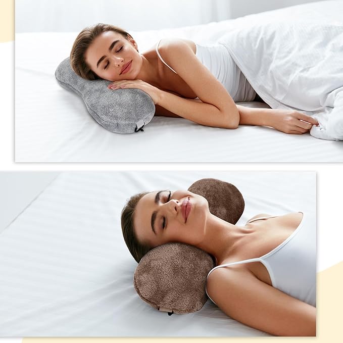 2 Pcs Neck Pillow for Recliner Headrest Pillow Bone Shaped Chair Plush with Adjustable Strap Neck Support and Pain Relief Curve Head Cushion for Car Travel Airplane (Grey and Brown)