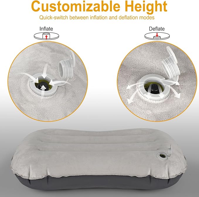 Camping Pillow with Ice Silk Memory Foam Cover - Ultralight Inflatable Pillow for Camping Lightweight, Ergonomic and Washable for Camping, Hiking, and Travel Gray