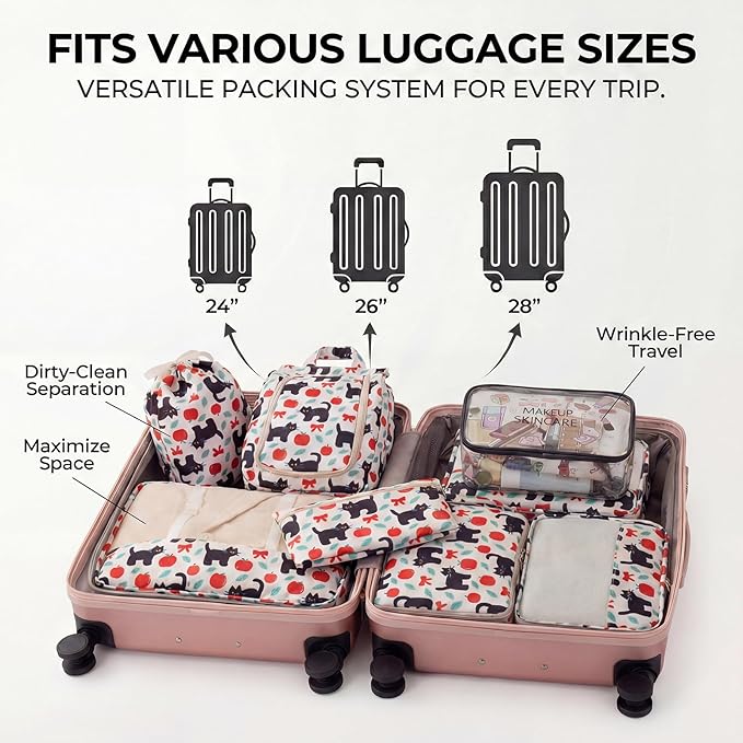 8 Set Packing Cubes for Travel with Clear Toiletry Bag, Durable Luggage Packing Organizers, Carry-On Accessories, TSA Approved See-Through Cubes, Space-Saving Storage Bags, Gifts for Women