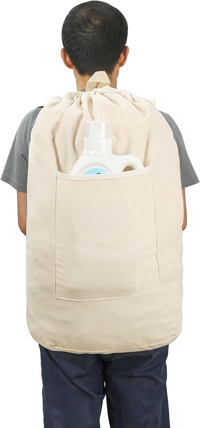 Canvas Laundry bag, Washable Laundry backpack, Adjustable Straps, Large Front Pocket, Drawstring Closure (BEIGE, X-Large)