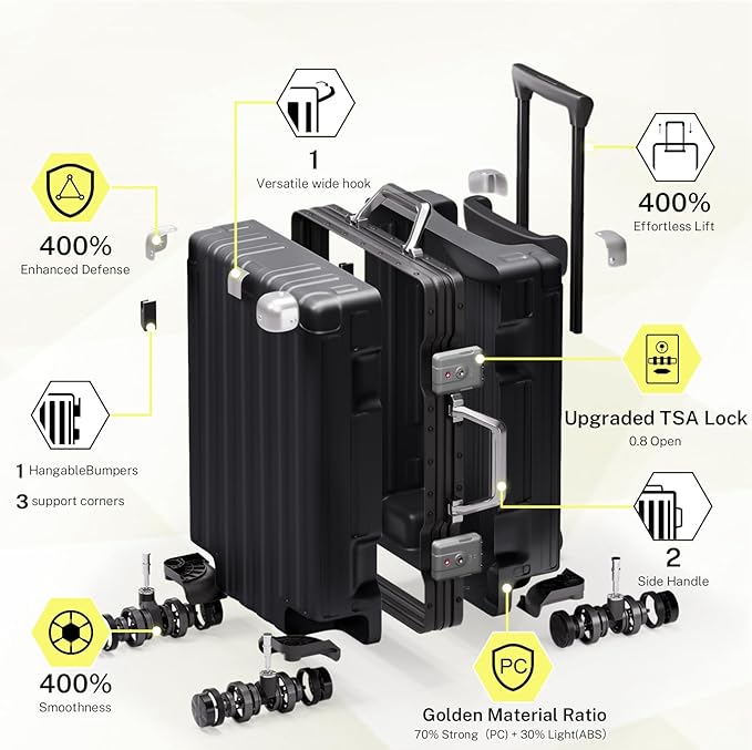 Krute Carry On Luggage 20 inch Aluminum Frame Luggage with Spinner Wheels Hardshell No Zipper PC+ABS TSA Lock Zipperless Suitcases