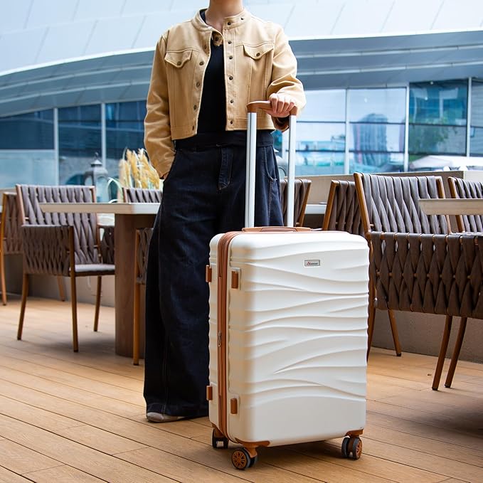 Romswi Expandable 22x14x9 Airline Approved,21" Carry On Luggage,Hardshell Suitcase with Double Spinner Wheels for 20% More Space, Lightweight Hardside Luggage, Scratch-Resistant & YKK Zipper, White